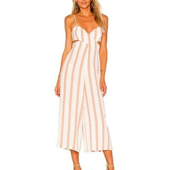 New HOUSE OF HARLOW 1960 x REVOLVE Joelle Cutout Jumpsuit Taupe Stripe L - Picture 1 of 7
